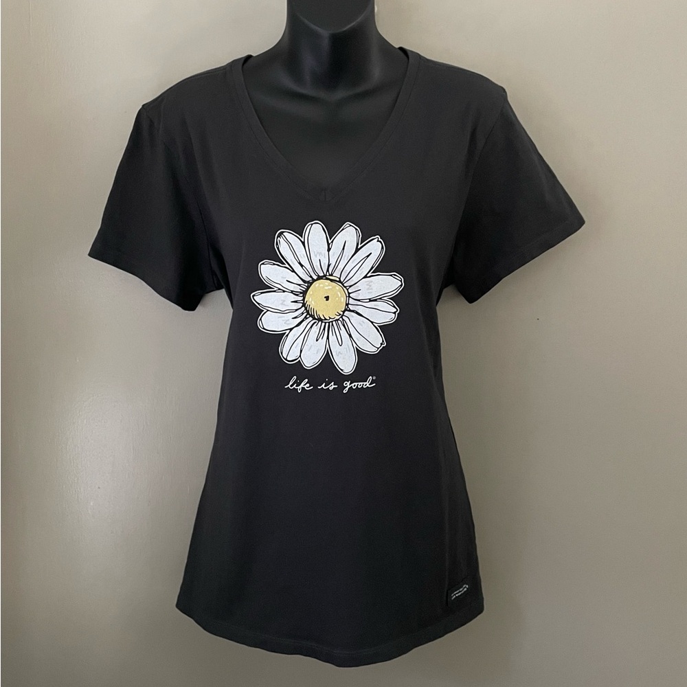 Life Is Good Black Short Sleeve V-Neck Tee with Daisy Graphic